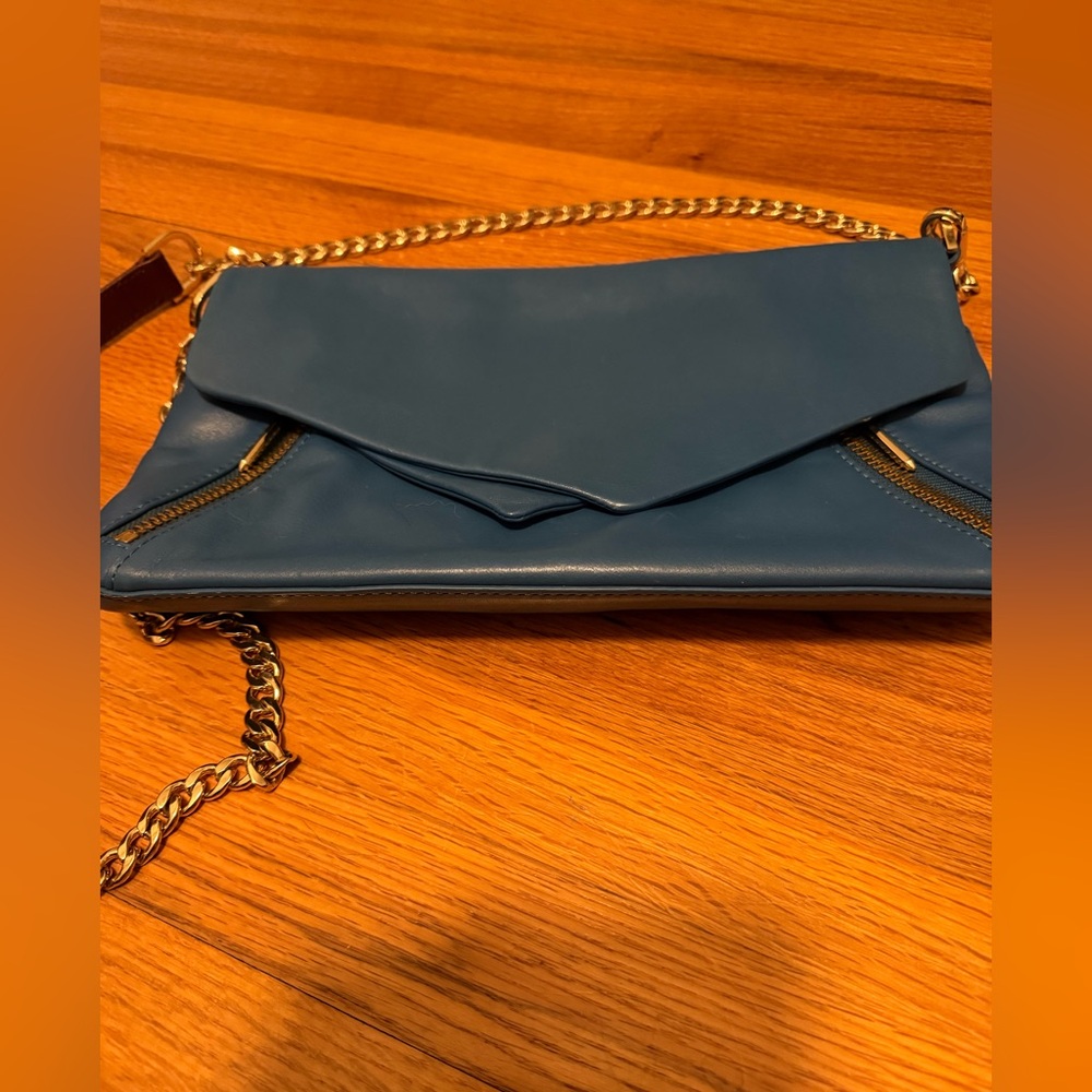 Pour La Victoire Blue Leather Clutch with Gold Chain